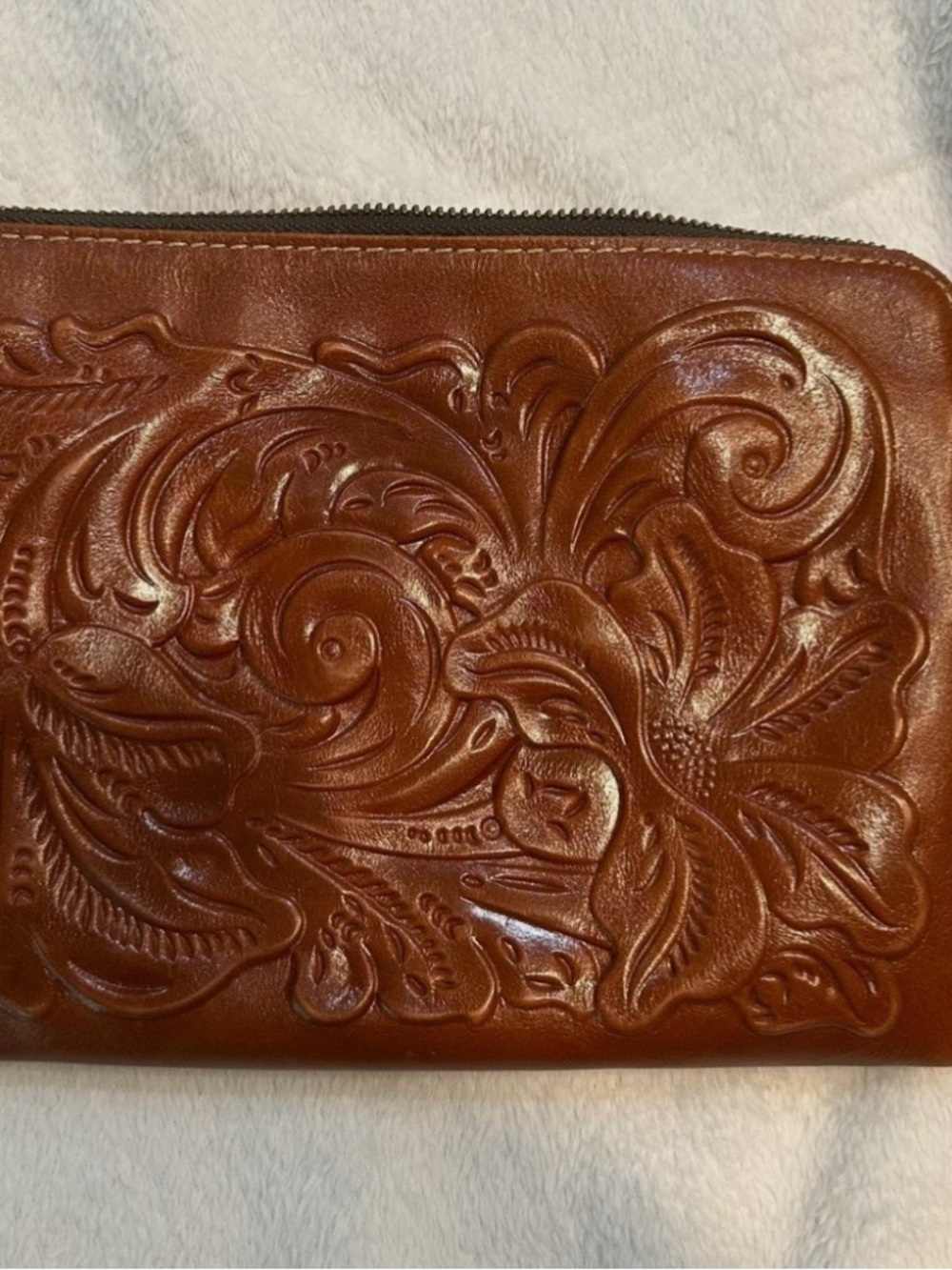 Patricia Nash Cassini Wristlet Clutch Tooled Leather Zip Pouch in Rich Cognac